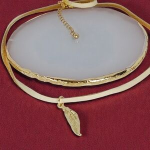 Leather Cord Necklace Gold Feather Pendant 70s 1990s New Age Grunge Earth Art
